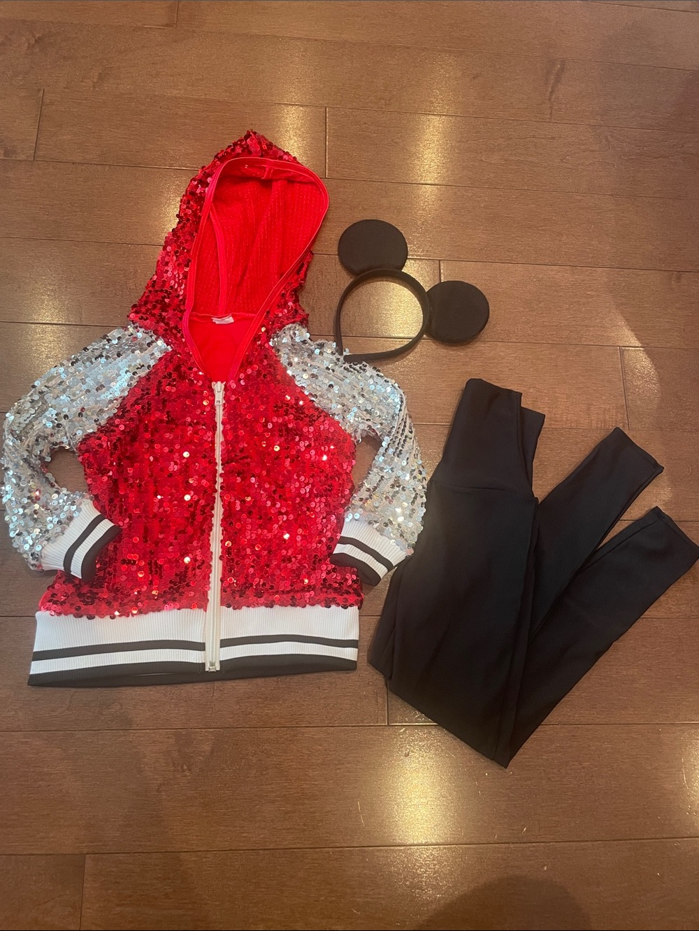 Kids Red Sequin Hoodie Costume Jacket with Black Leggings and Mouse Ears